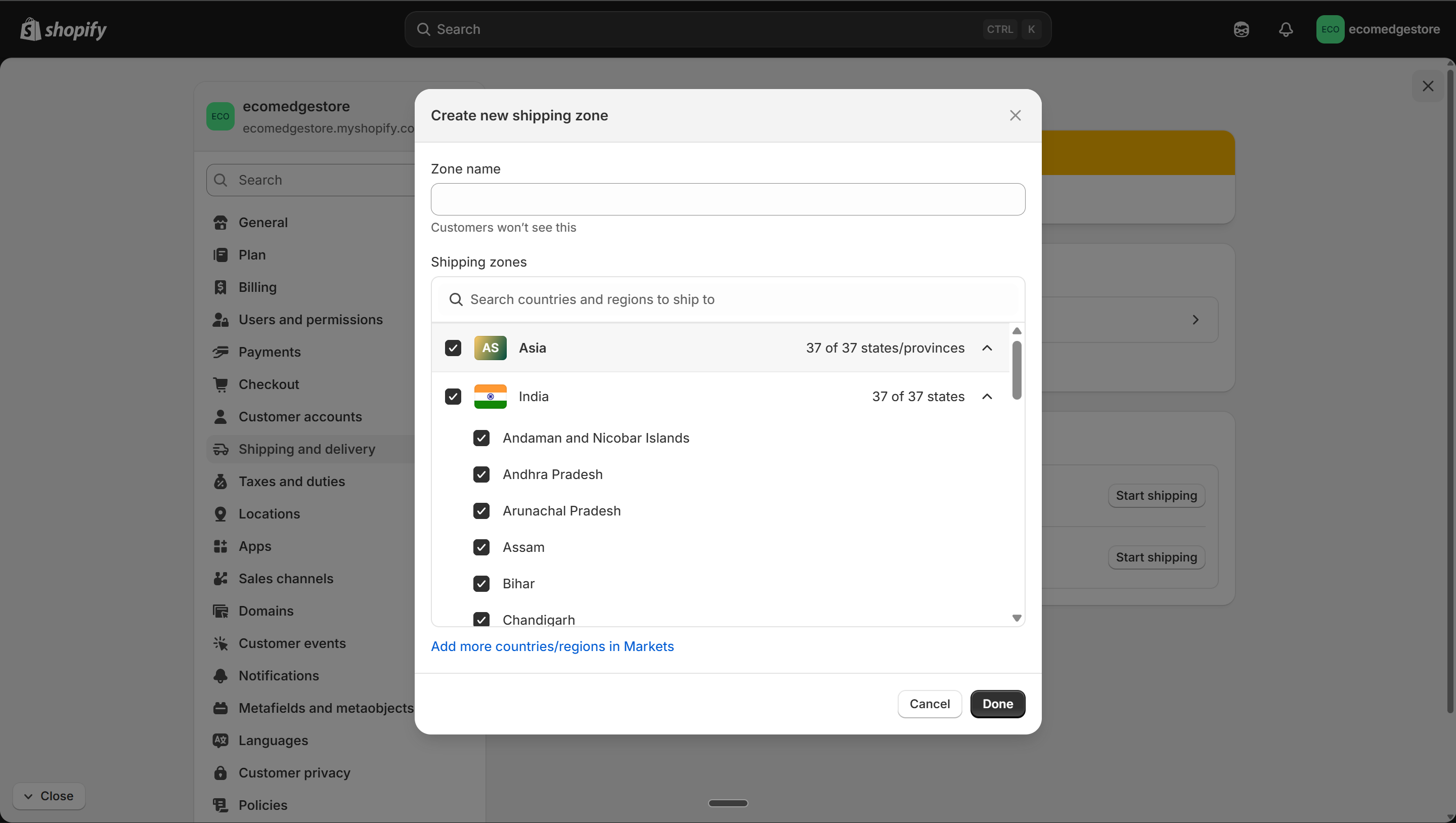 Create shipping zone — selecting India with all states